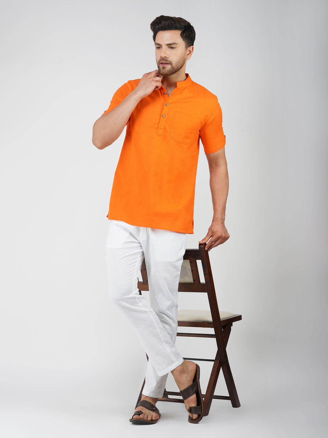 Solid Plain Half Sleeve Bhgwa Short Kurta