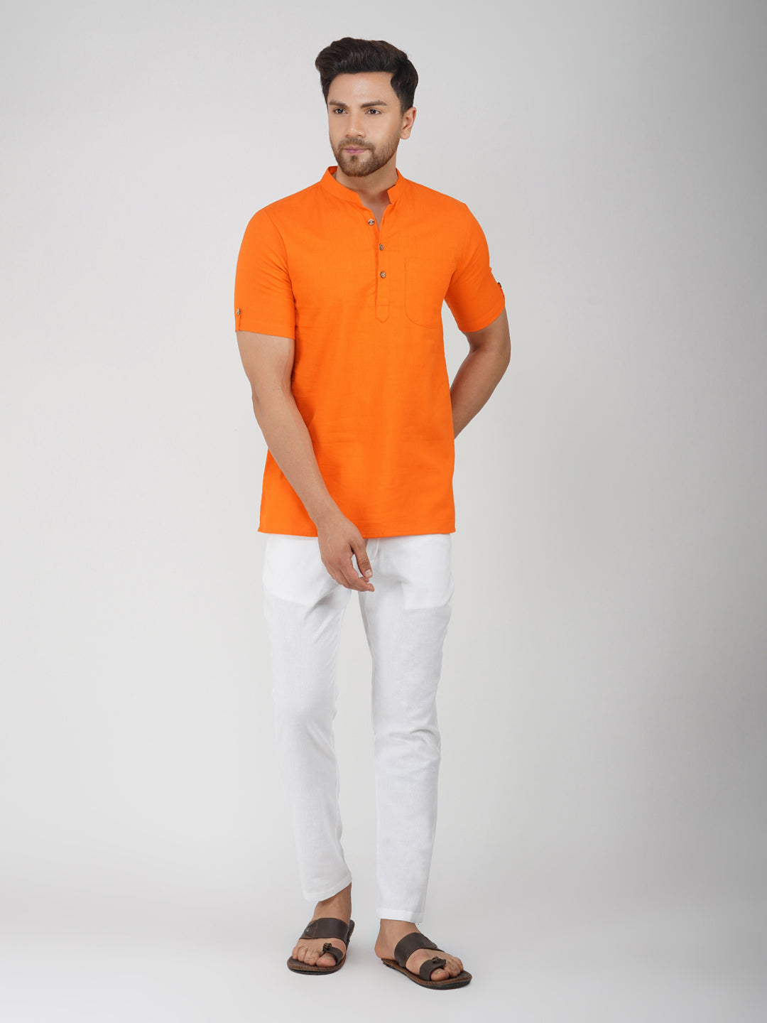 Solid Plain Half Sleeve Bhgwa Short Kurta