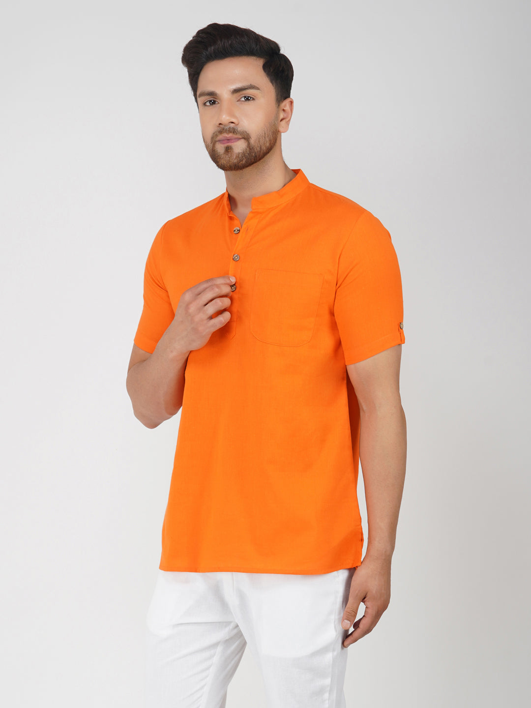 Solid Plain Half Sleeve Bhgwa Short Kurta