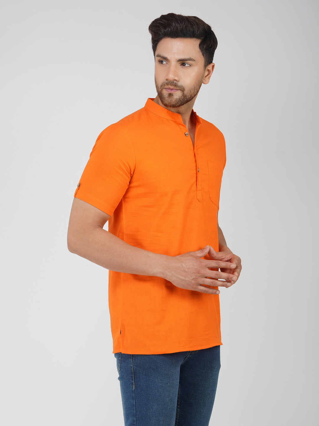 Solid Plain Half Sleeve Bhgwa Short Kurta