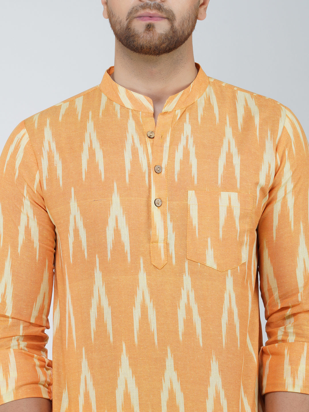 Ikkat Cotton Full Sleeve Mustard Short Kurta