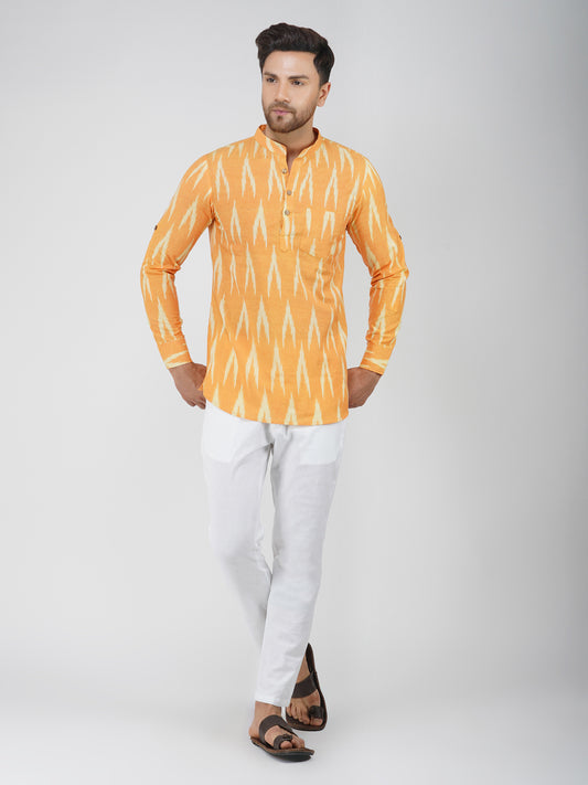 Ikkat Cotton Full Sleeve Mustard Short Kurta