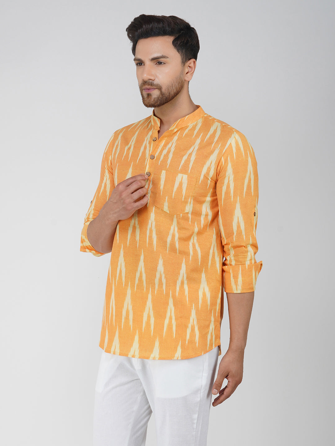 Ikkat Cotton Full Sleeve Mustard Short Kurta