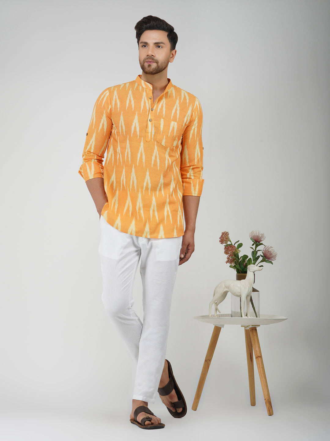 Ikkat Cotton Full Sleeve Mustard Short Kurta