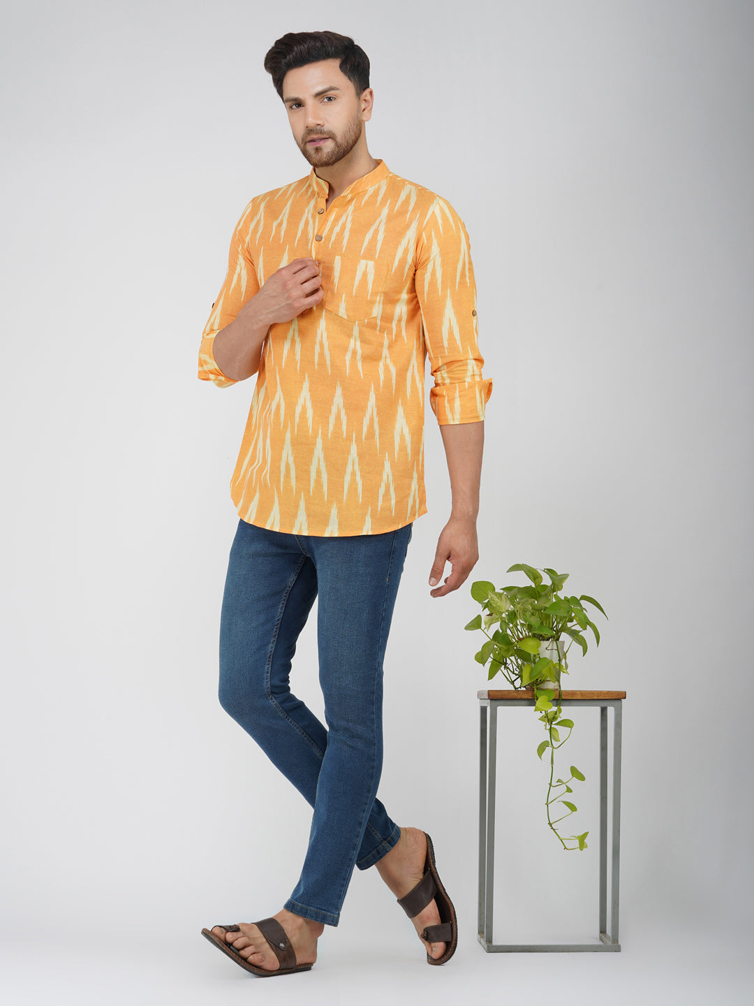 Ikkat Cotton Full Sleeve Mustard Short Kurta