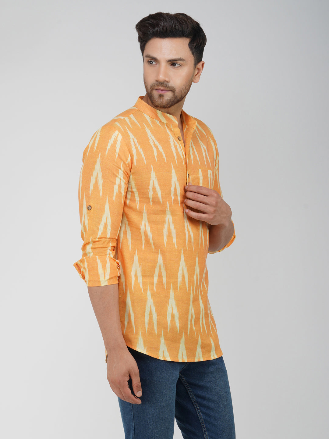 Ikkat Cotton Full Sleeve Mustard Short Kurta