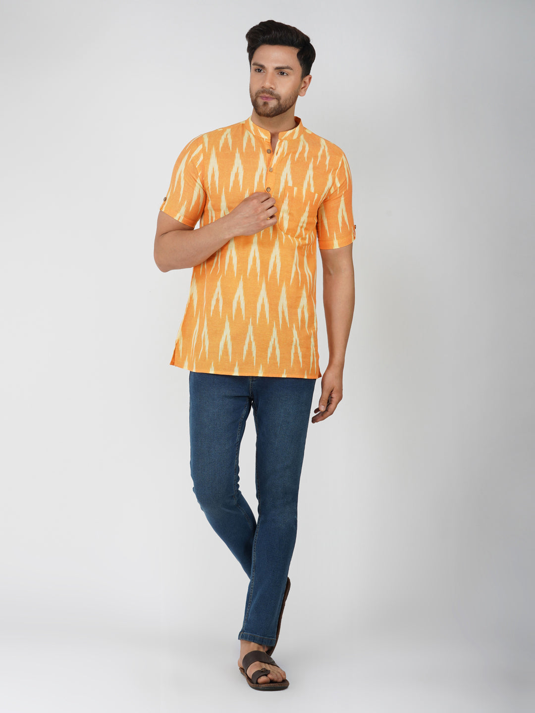 Ikkat Cotton Half Sleeve Mustard Short Kurta