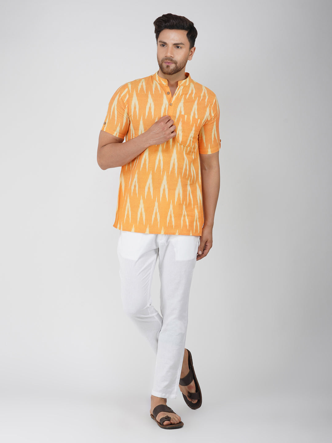 Ikkat Cotton Half Sleeve Mustard Short Kurta