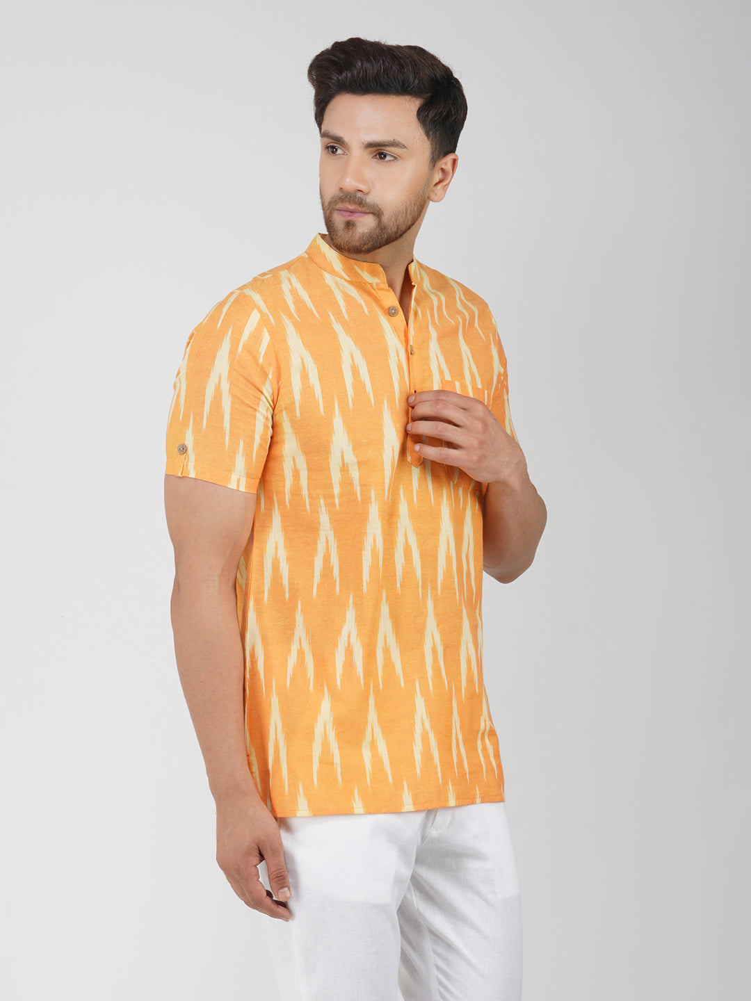 Ikkat Cotton Half Sleeve Mustard Short Kurta