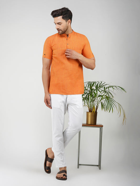 Khadi Cotton Half Sleeve Bhgwa Short Kurta