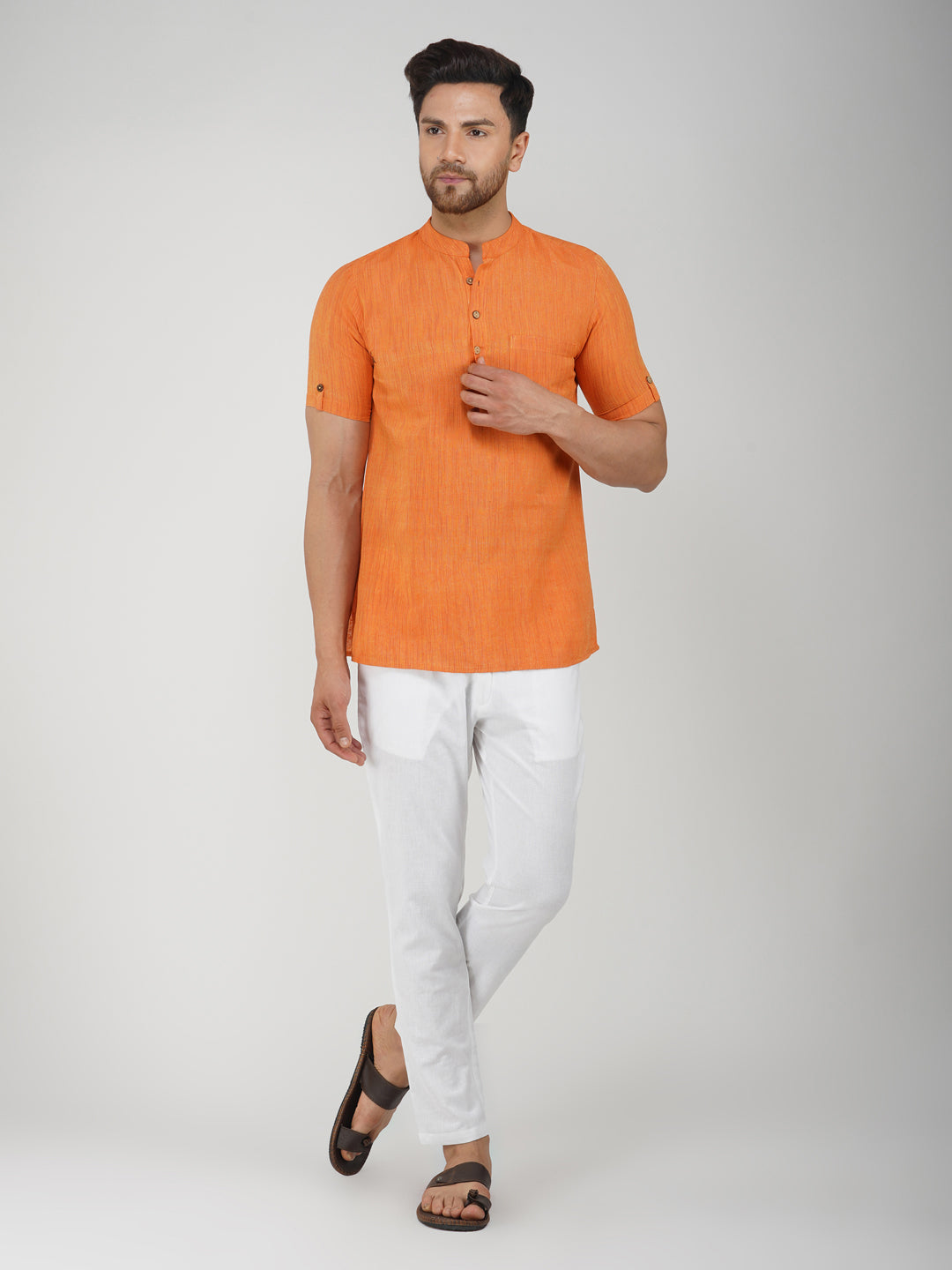 Khadi Cotton Half Sleeve Bhgwa Short Kurta