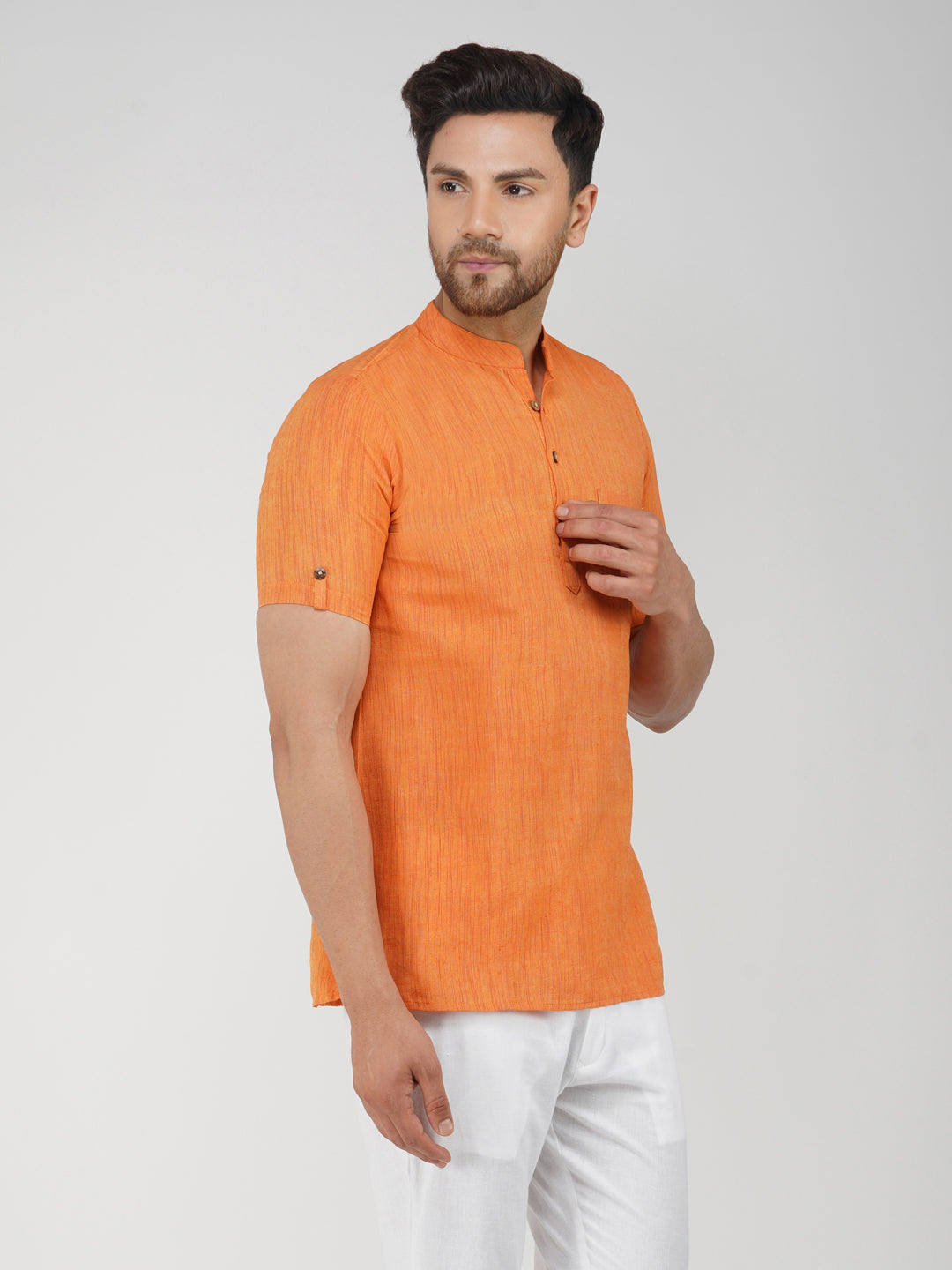 Khadi Cotton Half Sleeve Bhgwa Short Kurta