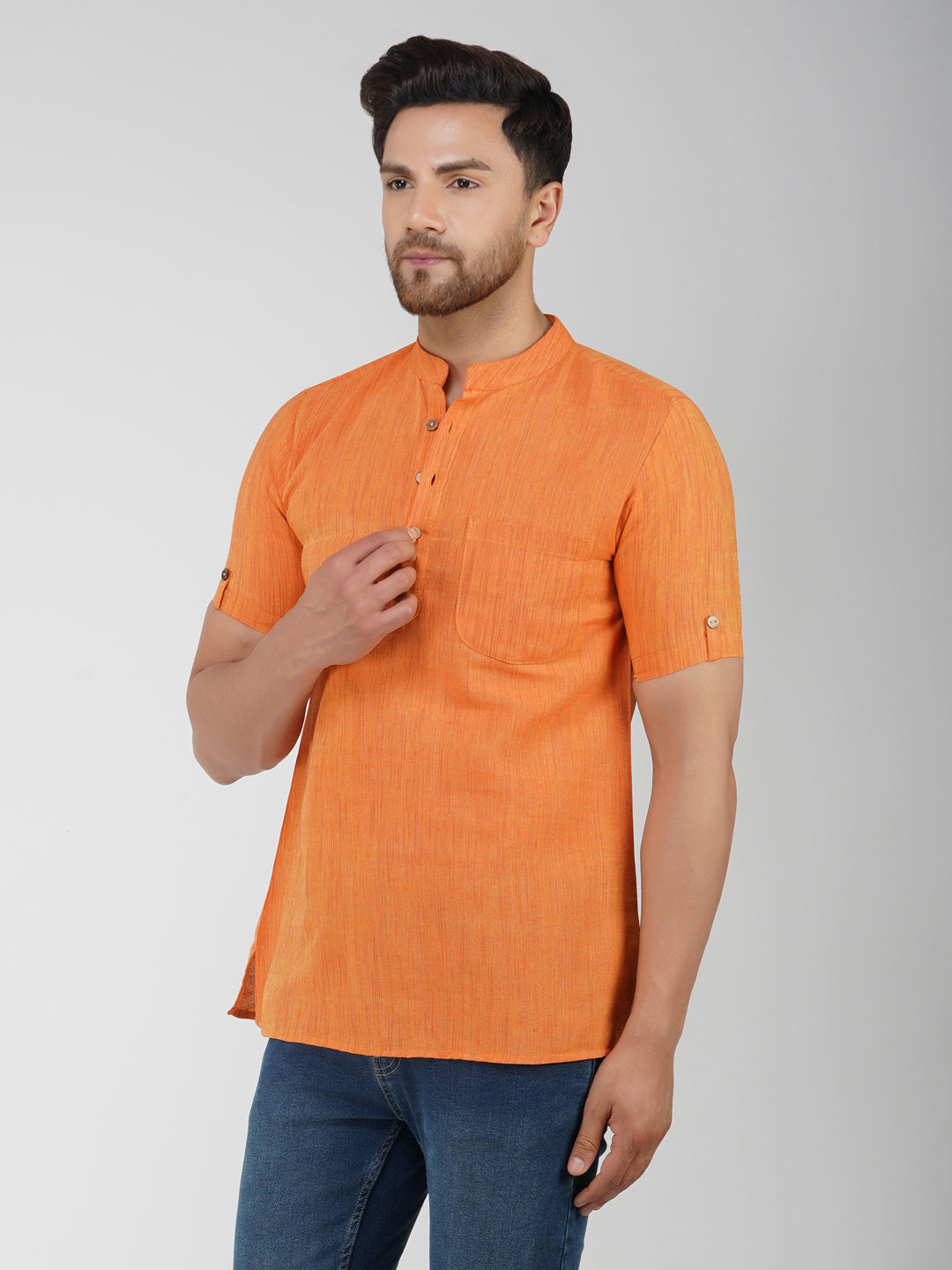 Khadi Cotton Half Sleeve Bhgwa Short Kurta