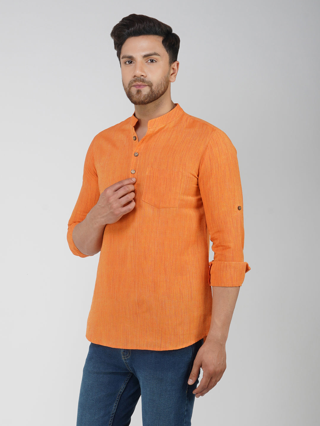 Khadi Cotton Full Sleeve Bhgwa Short Kurta