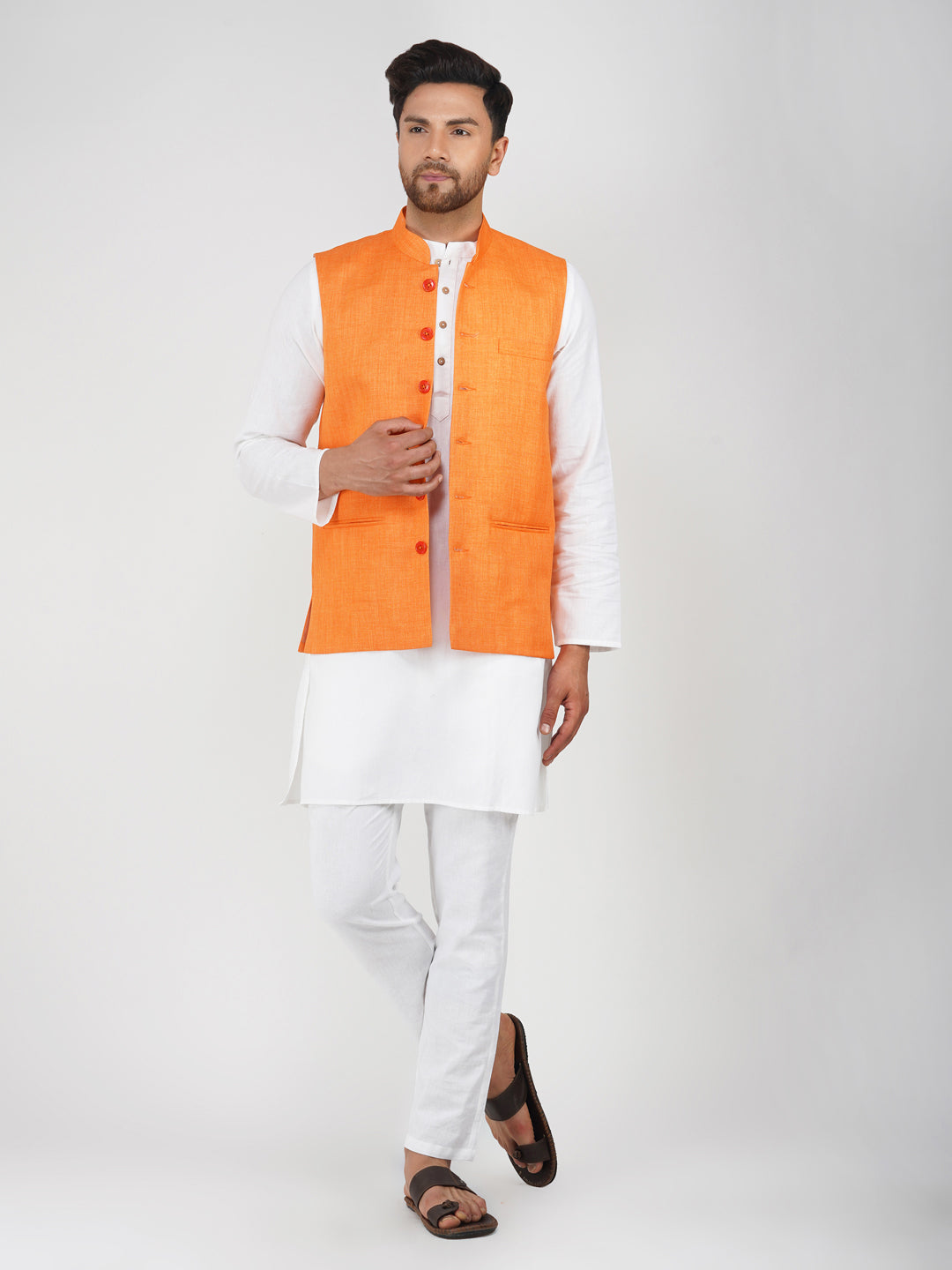 Khadi Linen Bhgwa Nehru Jacket