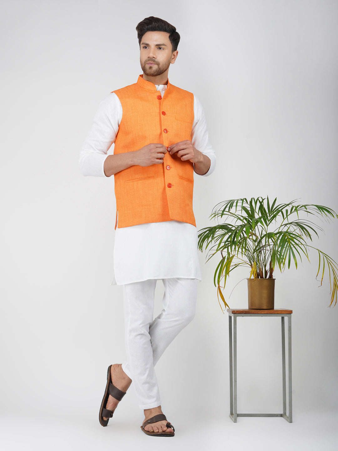 Khadi Linen Bhgwa Nehru Jacket