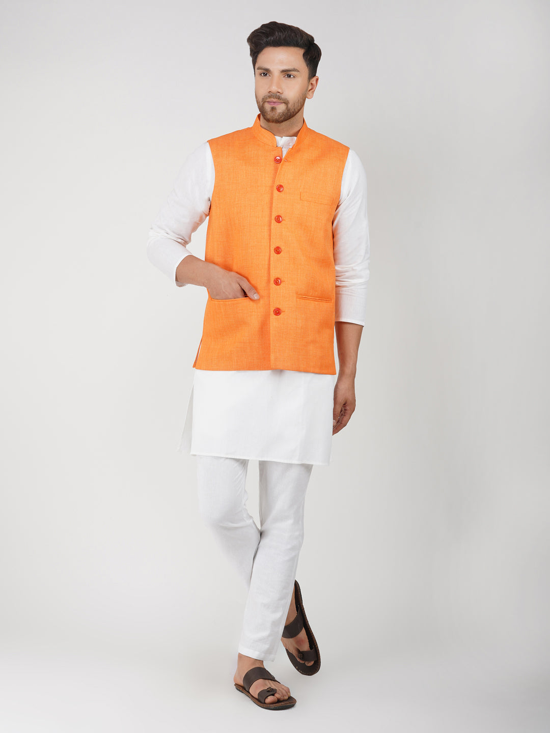 Khadi Linen Bhgwa Nehru Jacket