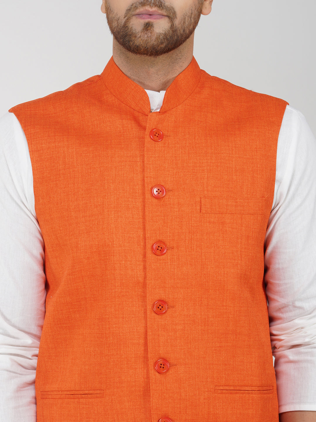 Khadi Linen Tangy Orange Nehru Jacket