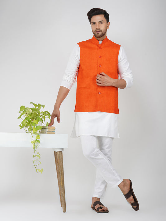 Khadi Linen Tangy Orange Nehru Jacket