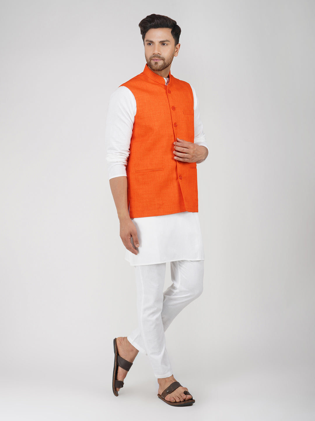 Khadi Linen Tangy Orange Nehru Jacket