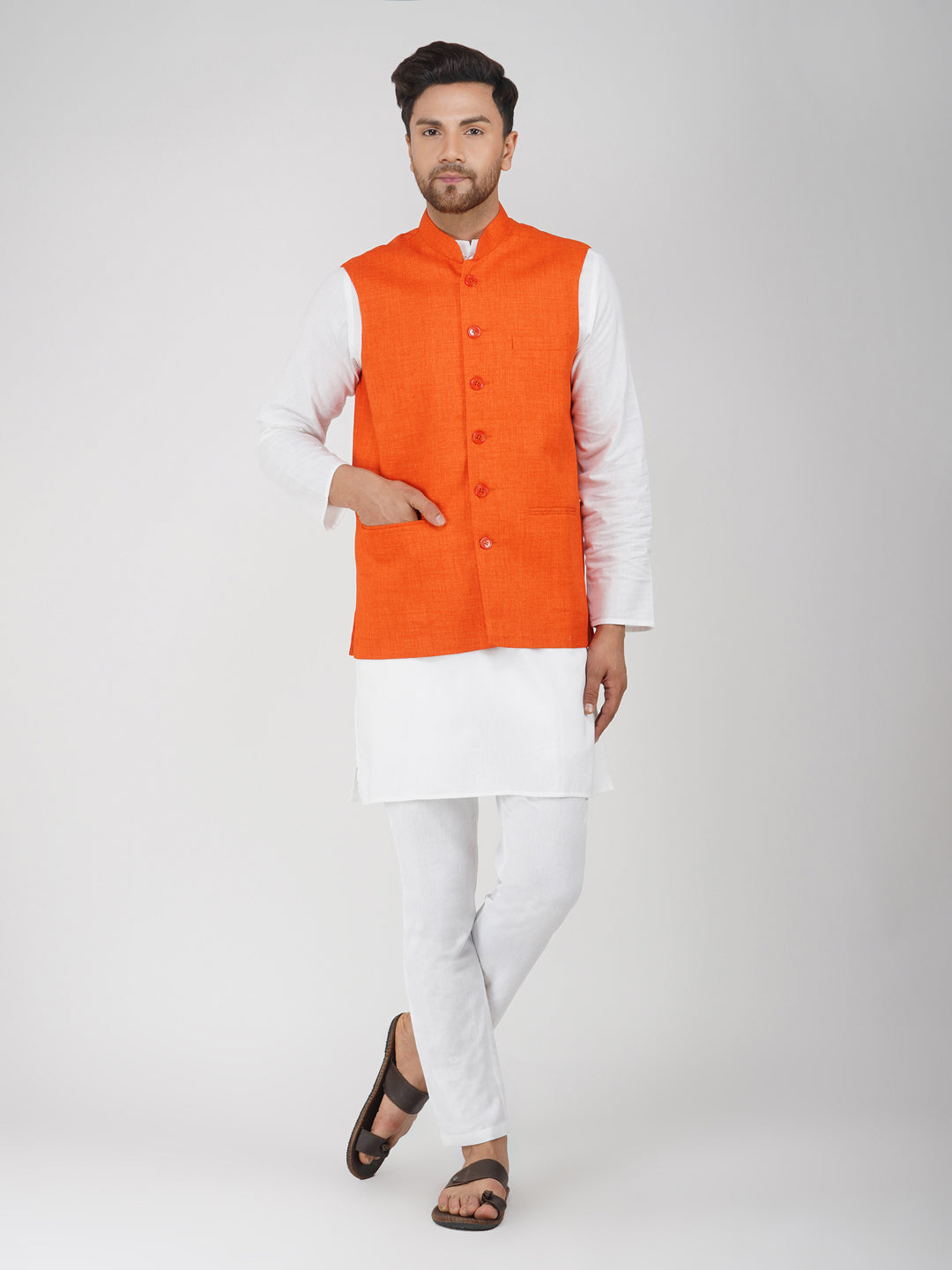 Khadi Linen Tangy Orange Nehru Jacket