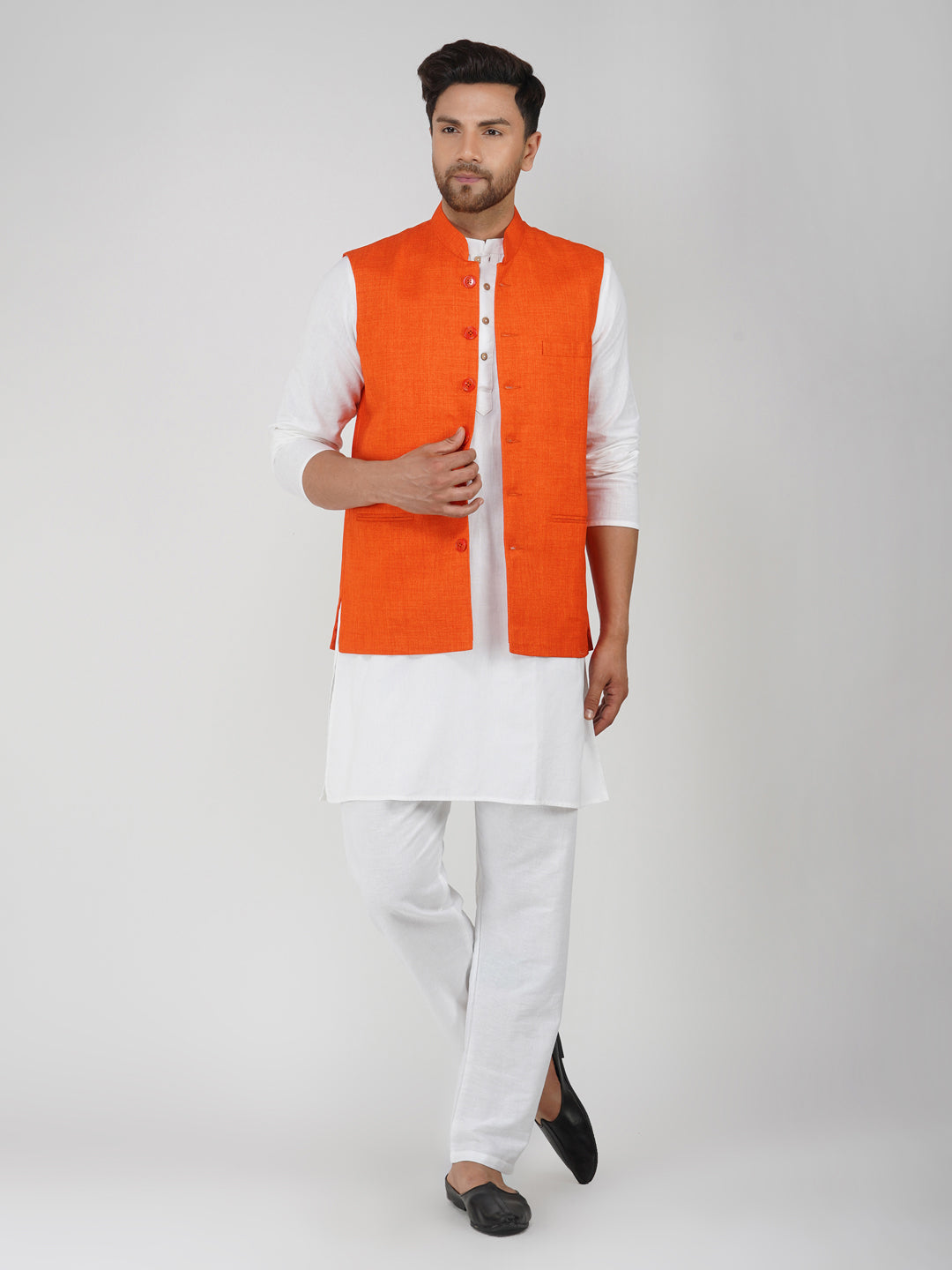 Khadi Linen Tangy Orange Nehru Jacket