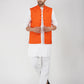 Khadi Linen Tangy Orange Nehru Jacket + White Kurta Pyjama Set