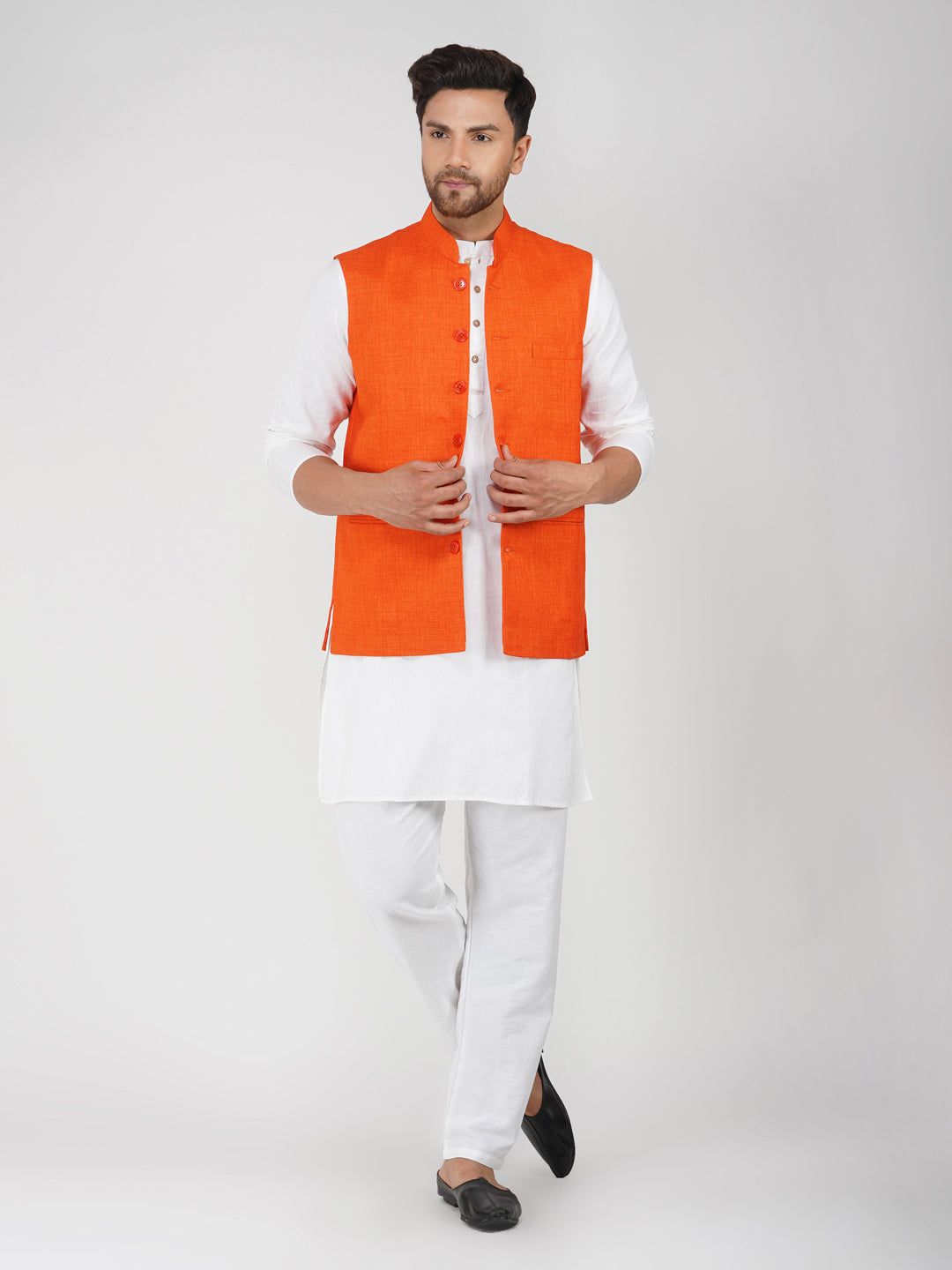 Khadi Linen Tangy Orange Nehru Jacket + White Kurta Pyjama Set