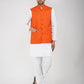 Khadi Linen Tangy Orange Nehru Jacket + White Kurta Pyjama Set