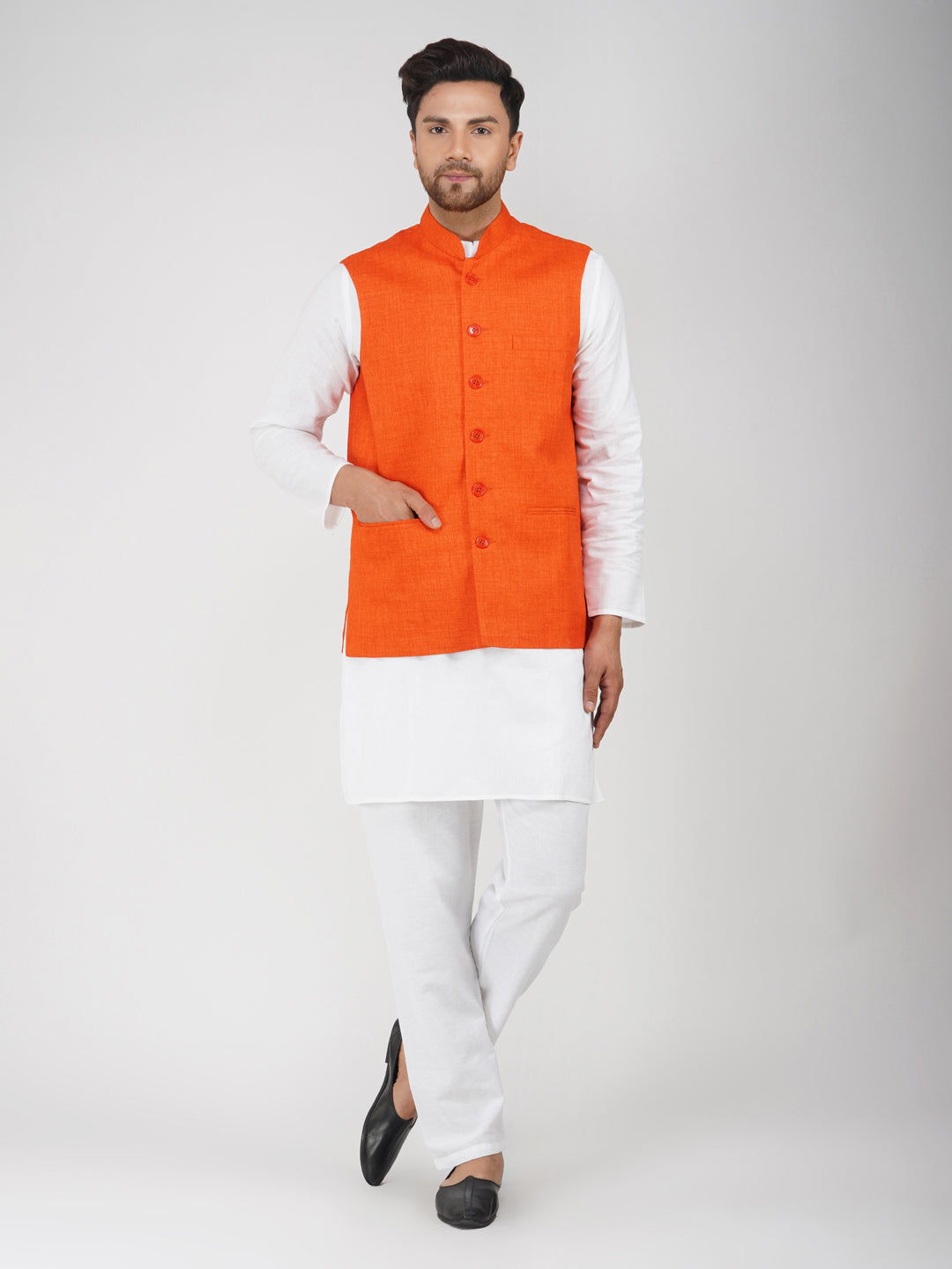 Khadi Linen Tangy Orange Nehru Jacket + White Kurta Pyjama Set