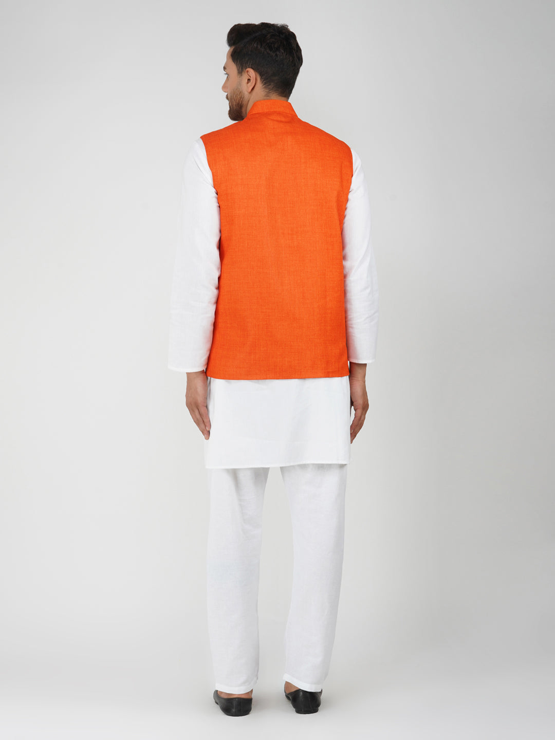 Khadi Linen Tangy Orange Nehru Jacket + White Kurta Pyjama Set