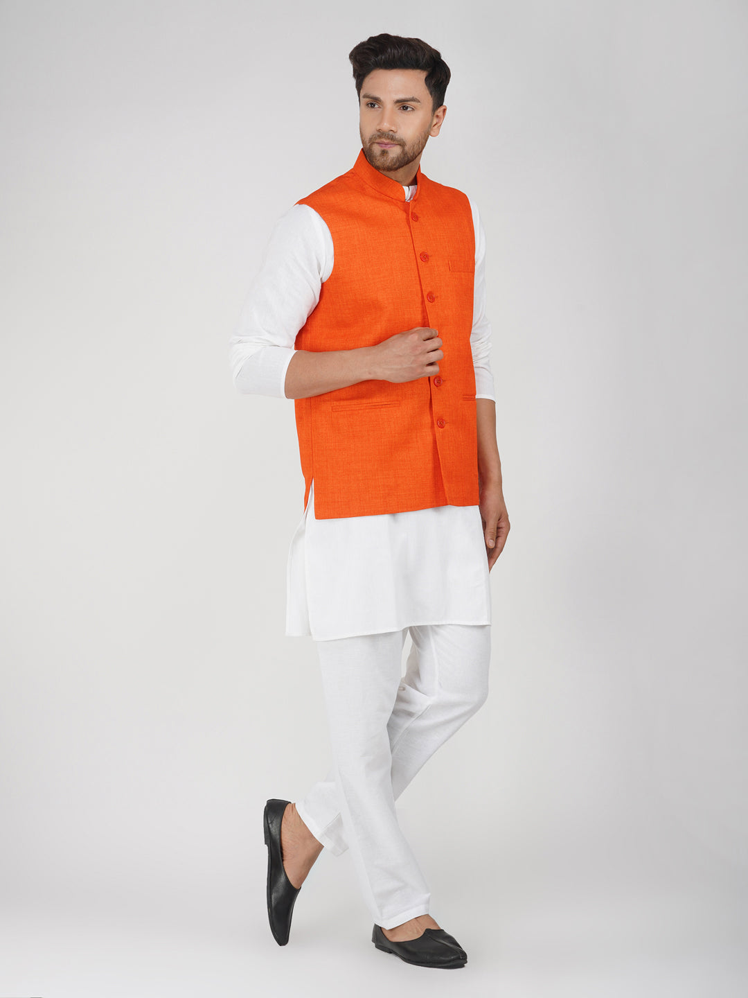 Khadi Linen Tangy Orange Nehru Jacket + White Kurta Pyjama Set