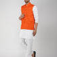 Khadi Linen Tangy Orange Nehru Jacket + White Kurta Pyjama Set