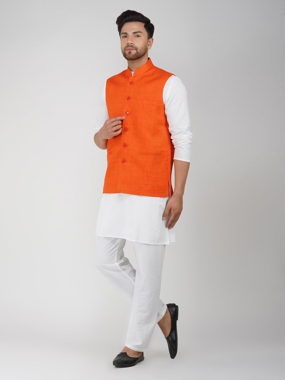 Khadi Linen Tangy Orange Nehru Jacket + White Kurta Pyjama Set