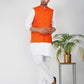 Khadi Linen Tangy Orange Nehru Jacket + White Kurta Pyjama Set