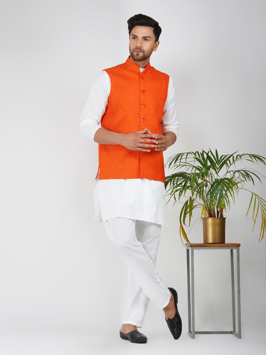 Khadi Linen Tangy Orange Nehru Jacket + White Kurta Pyjama Set