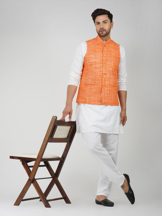 Khadi Bhgwa Nehru Jacket + White Kurta Pyjama Set