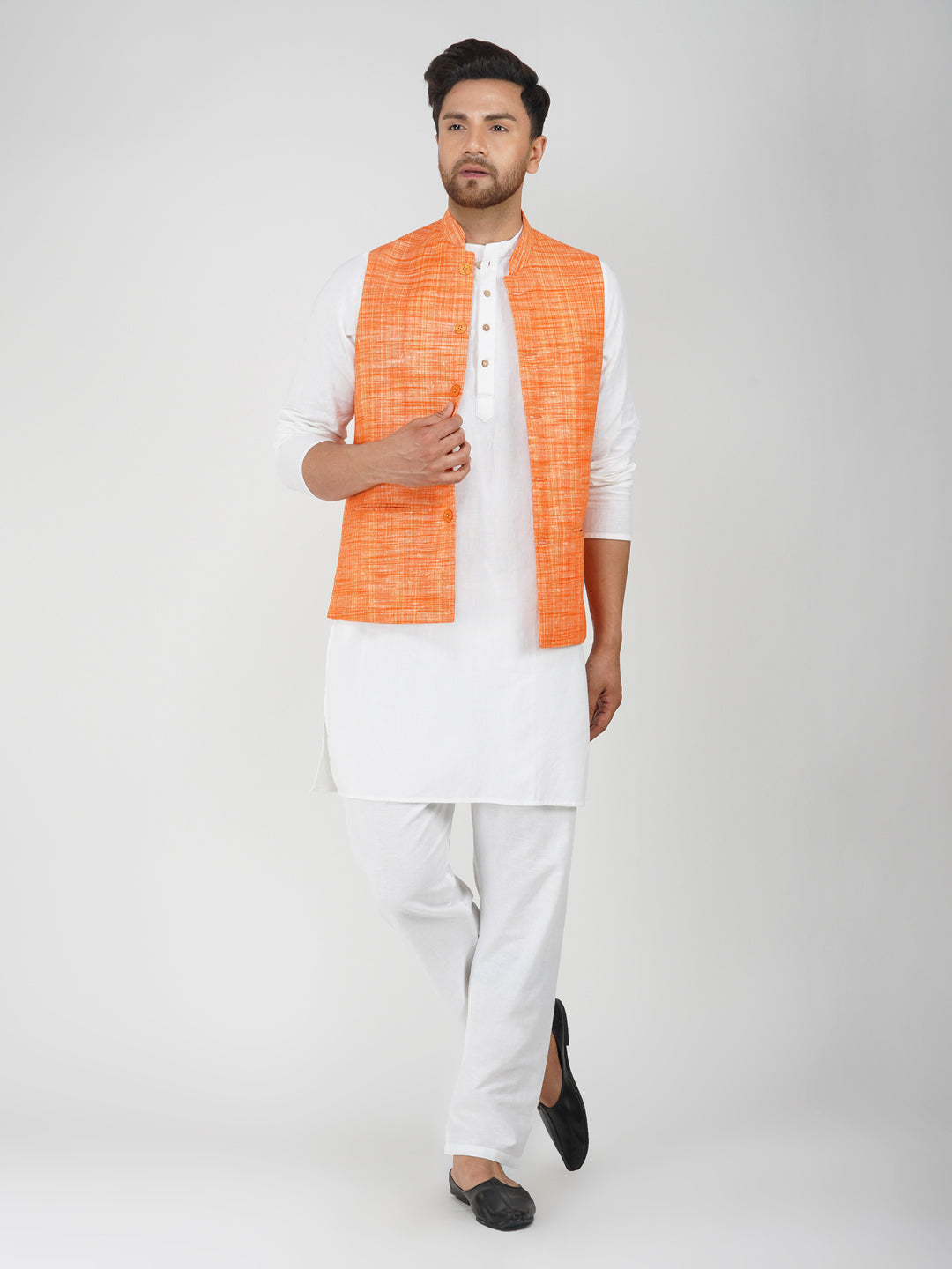 Khadi Bhgwa Nehru Jacket + White Kurta Pyjama Set