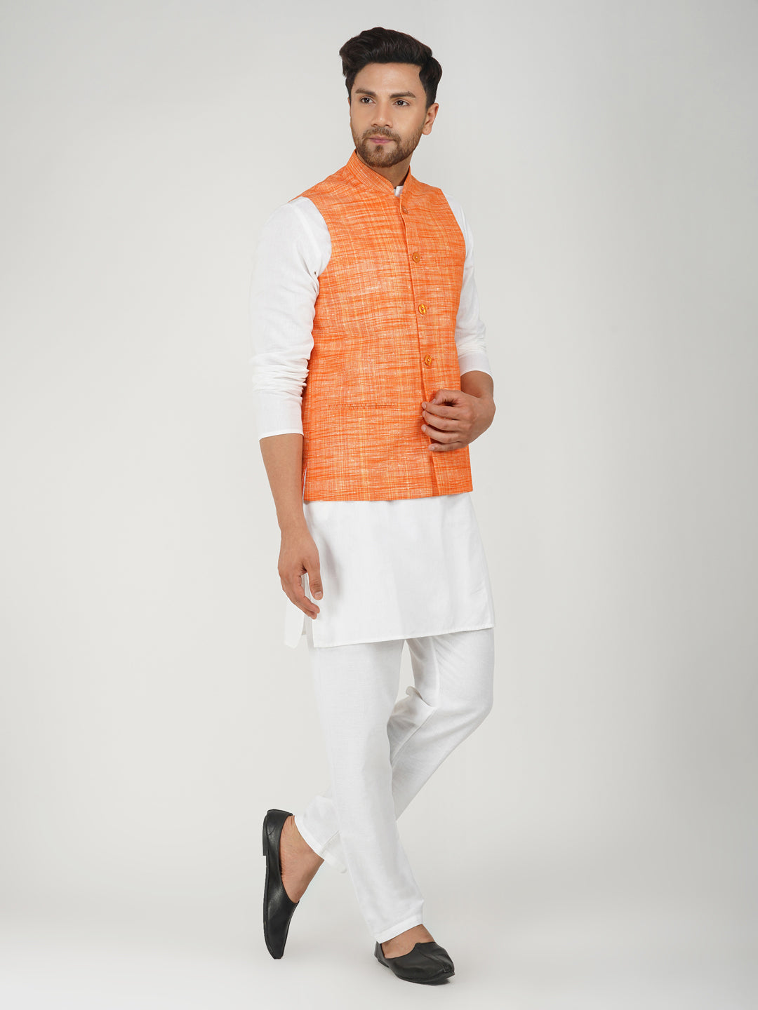 Khadi Bhgwa Nehru Jacket + White Kurta Pyjama Set