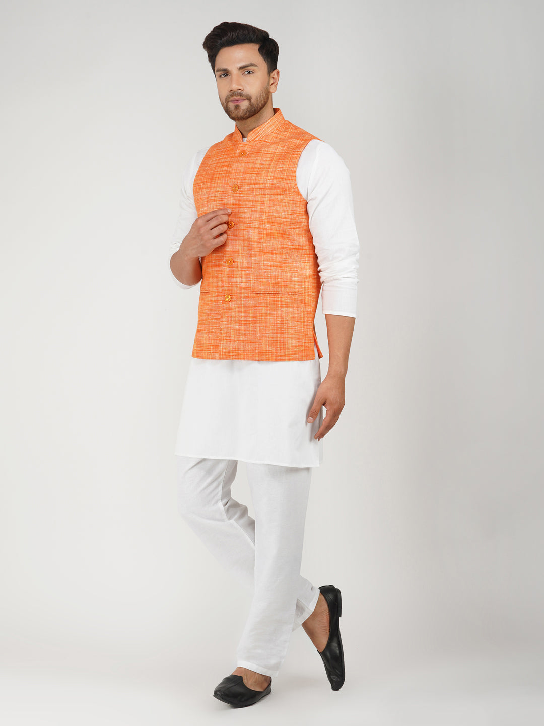 Khadi Bhgwa Nehru Jacket + White Kurta Pyjama Set