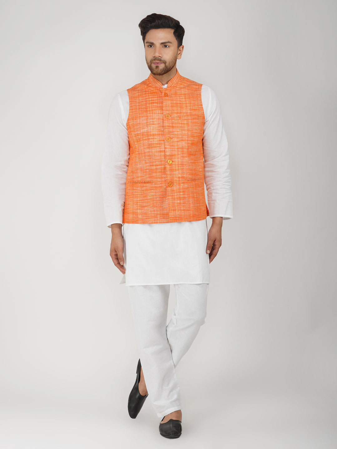 Khadi Bhgwa Nehru Jacket + White Kurta Pyjama Set