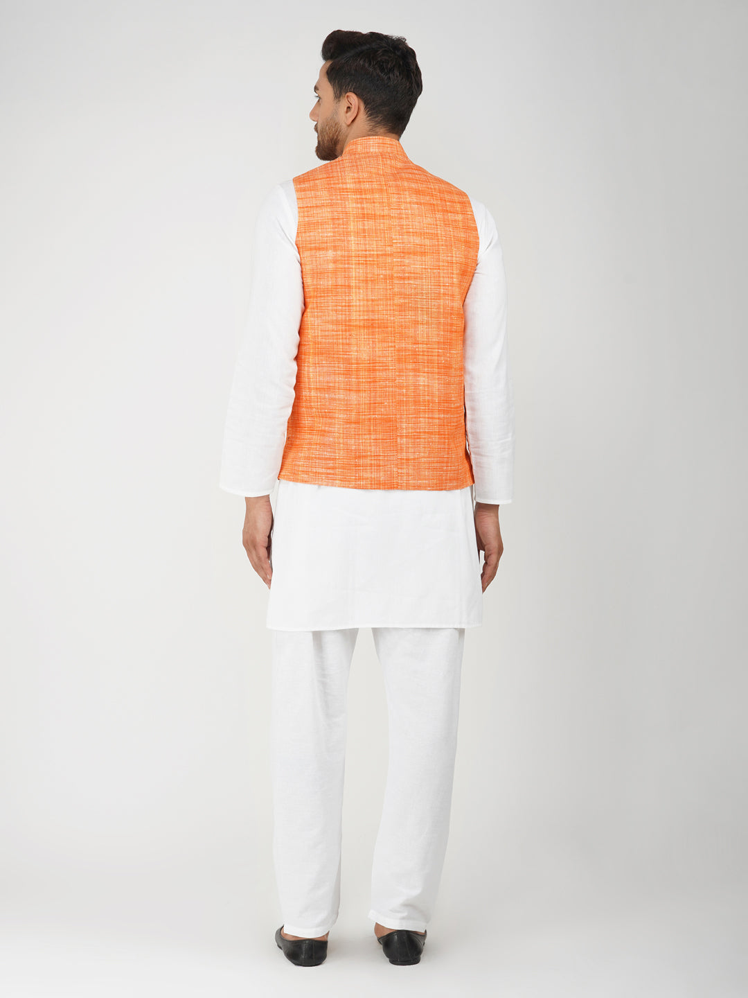 Khadi Bhgwa Nehru Jacket + White Kurta Pyjama Set