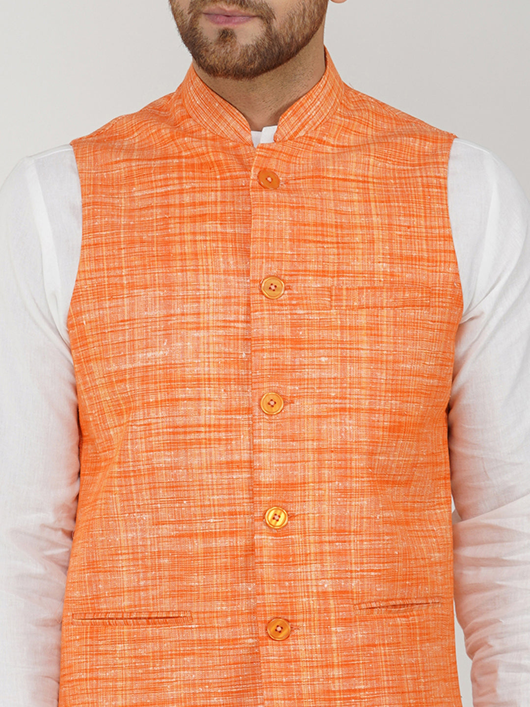 Khadi Bhgwa Nehru Jacket + White Kurta Pyjama Set