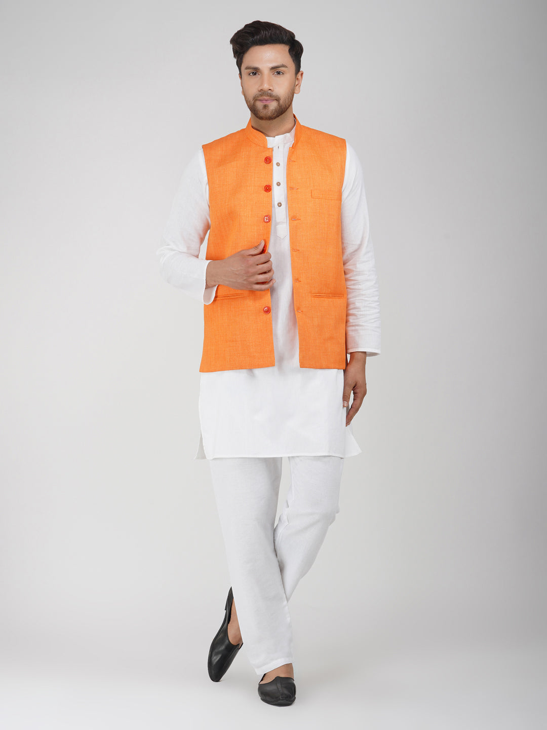 Khadi Linen Bhgwa Nehru Jacket + White Kurta Pyjama Set