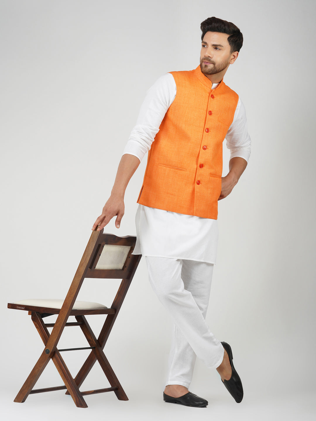 Khadi Linen Bhgwa Nehru Jacket + White Kurta Pyjama Set