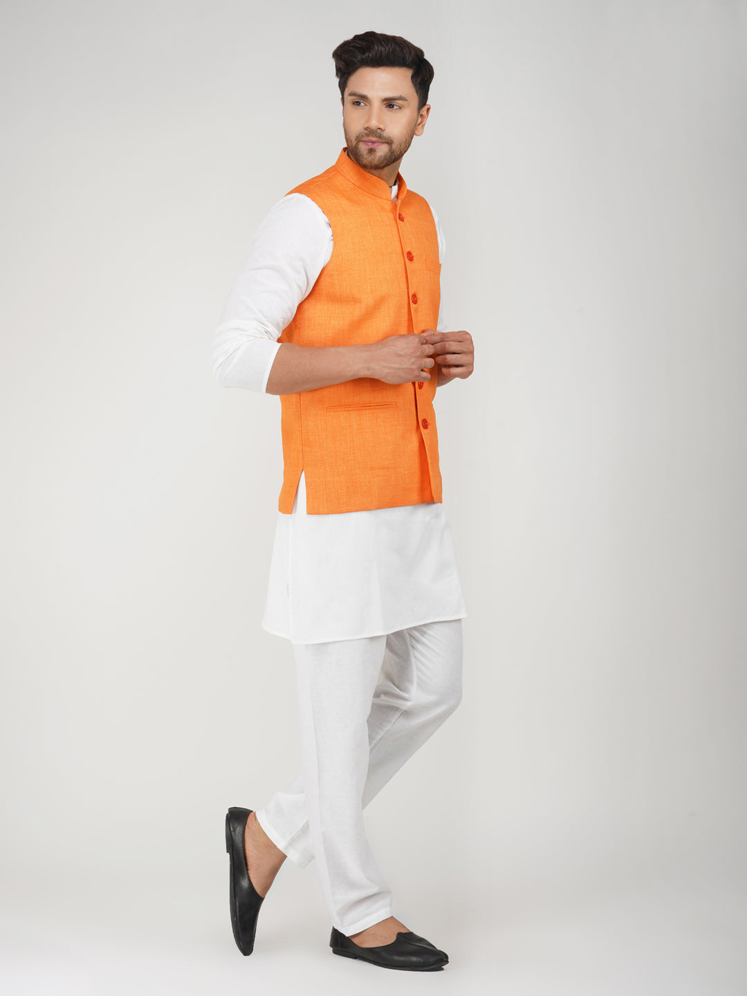 Khadi Linen Bhgwa Nehru Jacket + White Kurta Pyjama Set