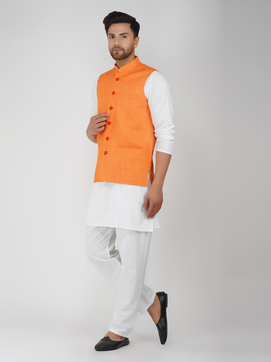 Khadi Linen Bhgwa Nehru Jacket + White Kurta Pyjama Set