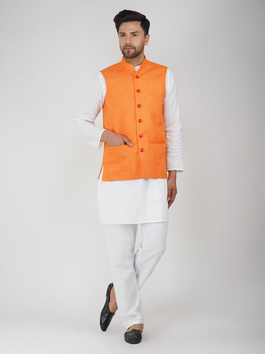 Khadi Linen Bhgwa Nehru Jacket + White Kurta Pyjama Set