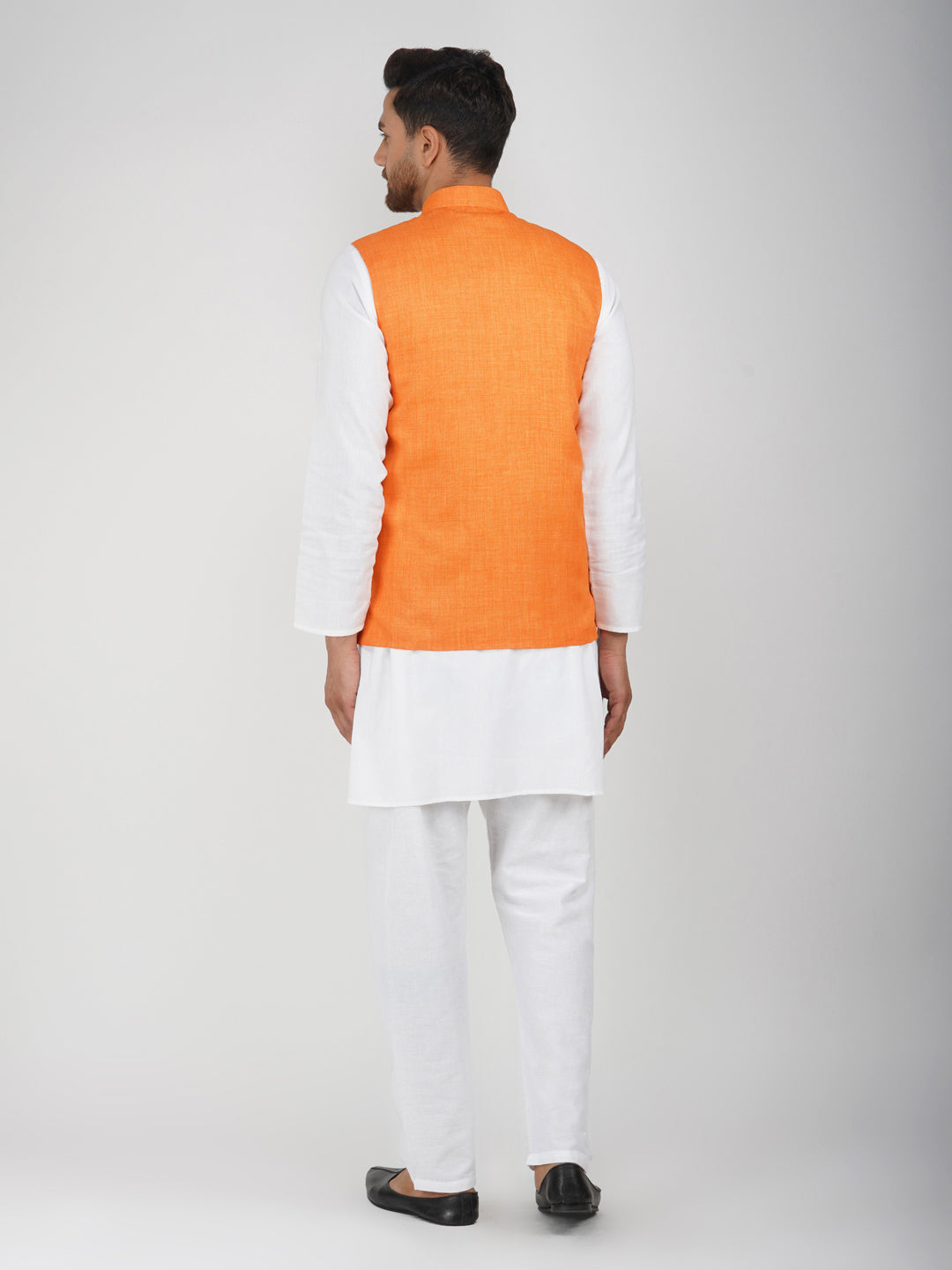 Khadi Linen Bhgwa Nehru Jacket + White Kurta Pyjama Set