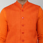 Khadi Linen Tangy Orange Nehru Jacket + Bhgwa Kurta Pyjama Set